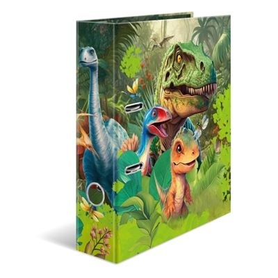 Pasta arquivadora com dinossauros coloridos em fundo de floresta