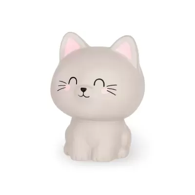 Figura decorativa de gato cinzento claro sentado com detalhes em rosa e preto