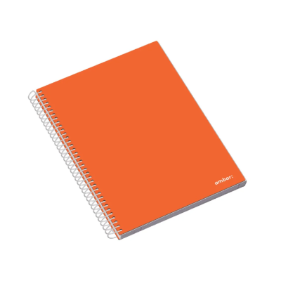 Caderno laranja com espiral e texto 'ambar'