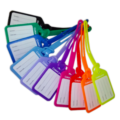 Etiquetas de bagagem coloridas de plástico com área para preenchimento