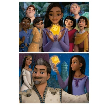 Personagens animados em duas cenas, mulher segurando objeto amarelo brilhante, roupas tradicionais.