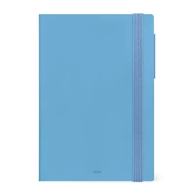 Caderno ou agenda azul com fecho elástico e ano 2028 na capa