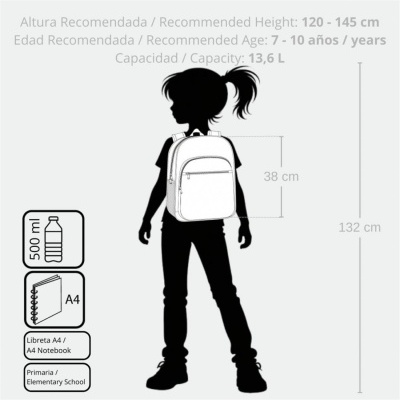 Ilustração de uma menina com mochila escolar e informações de dimensões e capacidade