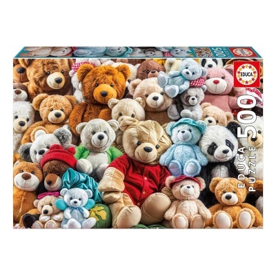 Caixa de puzzle com a imagem de vários ursos de peluche em cores e tamanhos variados