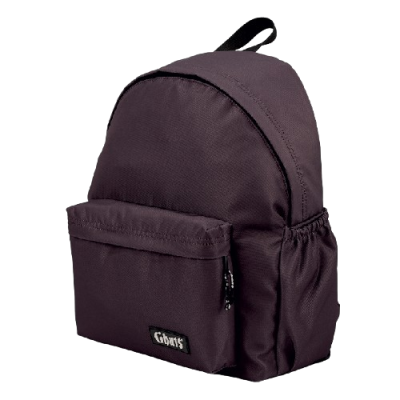 Mochila pequena preta com bolso frontal e etiqueta Gcbras