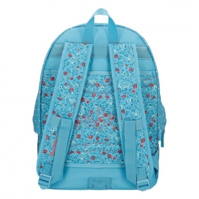 Mochila azul clara com estampa de flores nas alças