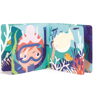 Livro infantil de banho com ilustrações de mergulhador e peixes