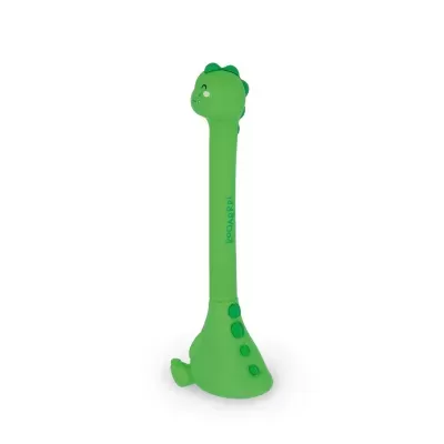 Brinquedo de pelúcia verde em forma de dinossauro com pescoço longo e texto ROOAARR!