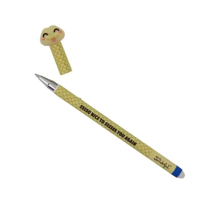 Caneta amarelo claro com tampa de cobra sorridente e texto em preto.
