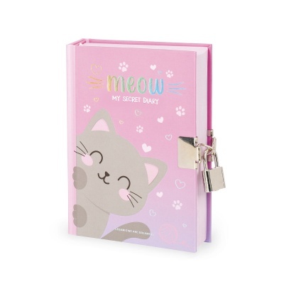 Diário secreto rosa com gato e cadeado metálico
