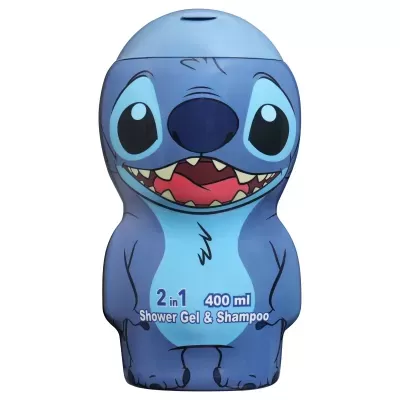 Frasco azul com formato do personagem Stitch para gel de banho e champô 2 em 1