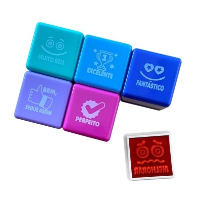 Conjunto de carimbos quadrados coloridos com textos motivacionais em português.