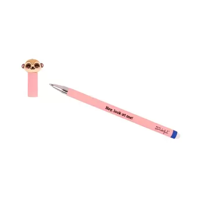 Caneta rosa com tampa decorada com cabeça de suricato e texto impresso no corpo da caneta.