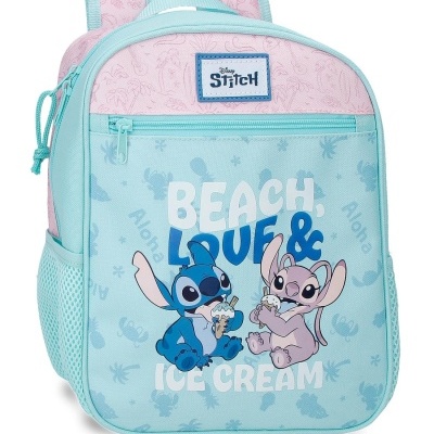 Mochila Disney Stitch azul e rosa com ilustração de personagens a comer gelado