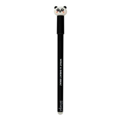Caneta preta com tampa e cabeça de panda em fundo branco
