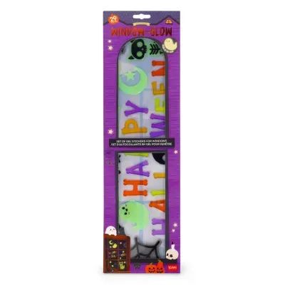 Pacote de autocolantes de gel para janelas com tema Halloween em embalagem roxa.