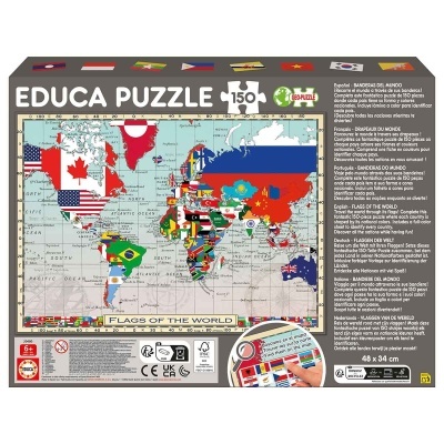 Puzzle EDUCA com mapa-múndi de bandeiras nacionais sobre países.
