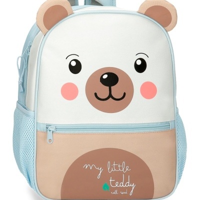 Mochila infantil azul com rosto de urso e texto my little teddy