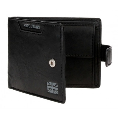 Carteira preta de pele com logotipo Pepe Jeans e bandeira do Reino Unido