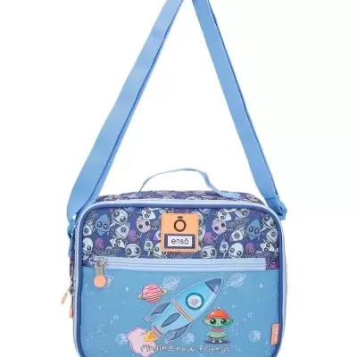 Mala azul infantil com estampas de foguetes e alienígenas e alça azul