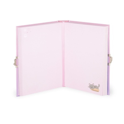 Álbum de fotos rosa com capa lilás, páginas interiores rosa claro com desenhos de gato, patas e corações