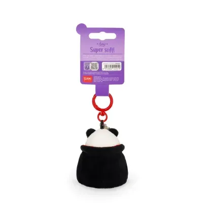 Chaveiro de peluche panda com argola vermelha e embalagem roxa