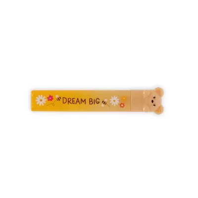 Marcador amarelo com tampa em forma de ursinho e texto DREAM BIG