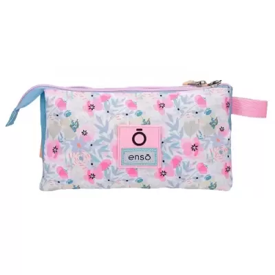 Estojo floral rosa e azul com fecho de correr e etiqueta ensō