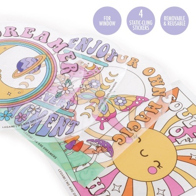 Autocolantes estáticos coloridos para janela com tema sol, planeta e cogumelos.