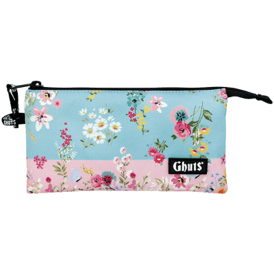 Estojo retangular floral com fecho e etiqueta Ghuts.