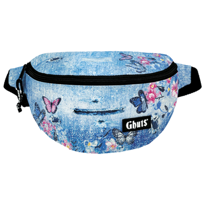 Bolsa de cintura azul com padrão de ganga, borboletas e flores, fecho preto e etiqueta 'Ghuts'
