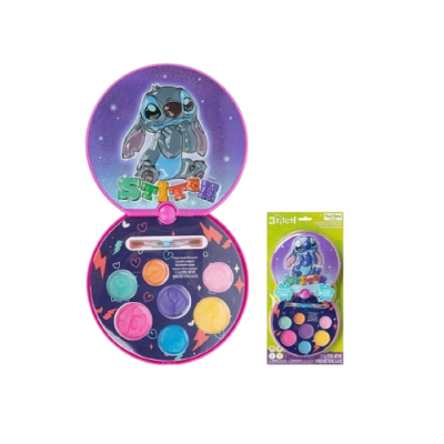 Estojo redondo de maquilhagem com personagem Stitch e várias cores de sombra, embalagem verde