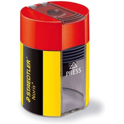 Apontador de papel Staedtler Noris preto, amarelo e vermelho com depósito transparente