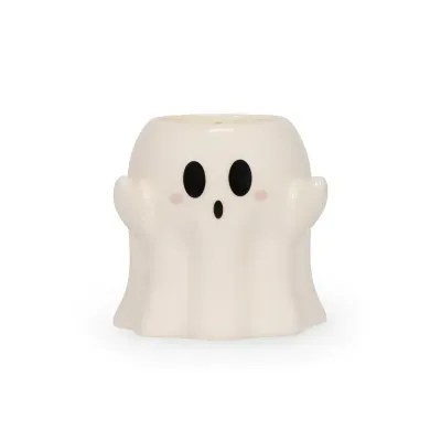 Vaso decorativo em forma de fantasma branco com olhos e boca pretos
