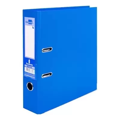 Pasta de arquivo azul com etiqueta lateral e argolas metálicas