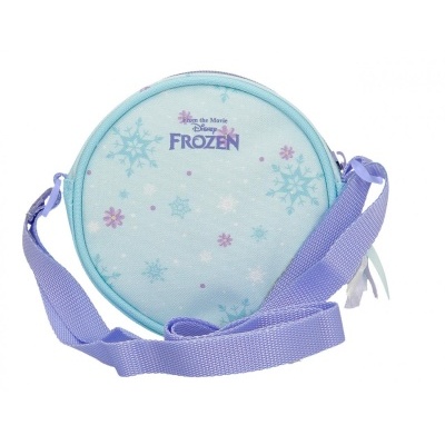 Mala redonda azul clara com padrão de flocos de neve e alça roxa