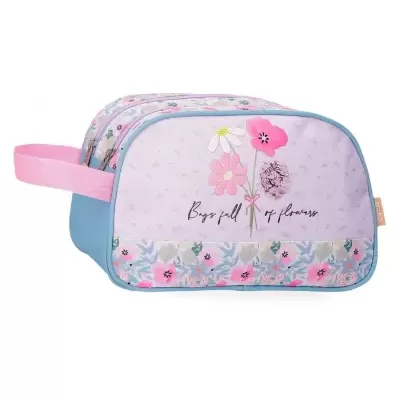 Necessaire azul claro e lilás com padrão floral e texto decorativo