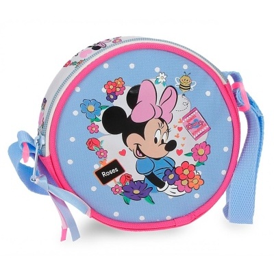 Bolsa infantil redonda azul com estampa da Minnie e flores