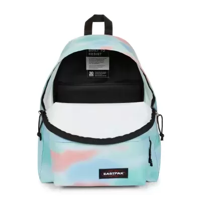 Mochila EASTPAK tie-dye azul, rosa e branco aberta com interior preto