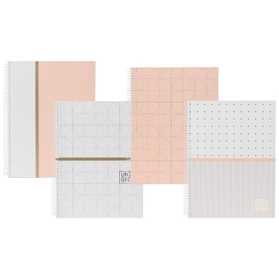 Quatro cadernos coloridos com padrões geométricos e texto UNICQUE