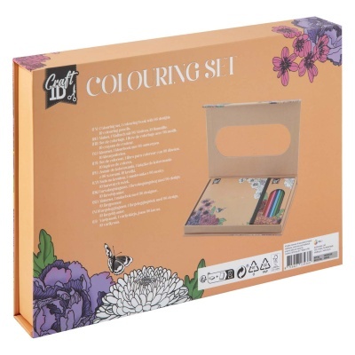 Embalagem de conjunto para colorir com flores decorativas e texto COLOURING SET