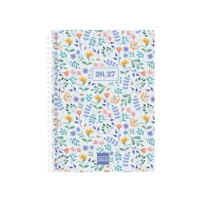 Caderno espiral com capa floral colorida e texto 26/27