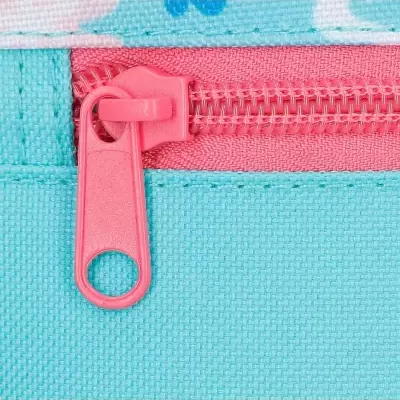 Fecho de correr rosa em tecido azul claro com padrão floral