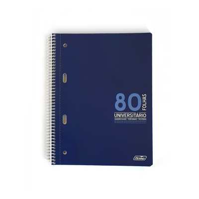 Caderno universitário azul escuro com espiral branca e texto '80 FOLHAS UNIVERSITÁRIO'