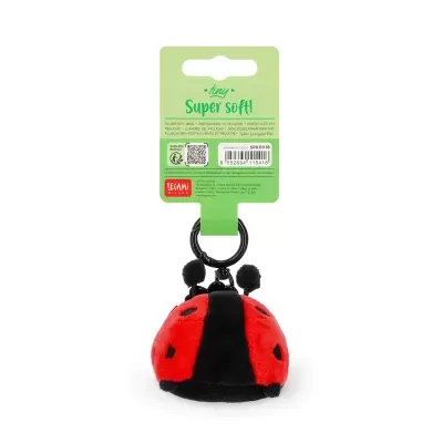 Porta-chaves de peluche joaninha vermelha com preto com etiqueta verde