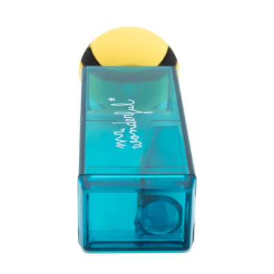 Frasco de perfume azul translúcido com tampa redonda amarela e preta com texto branco.