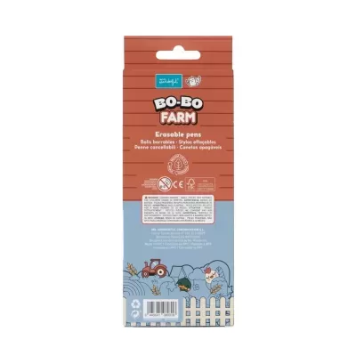 Embalagem de canetas apagáveis BO-BO FARM com ilustrações de quinta.