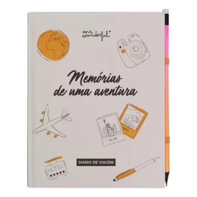 Caderno Diário de Viagem com ilustrações de viagem e canetas laranja e rosa