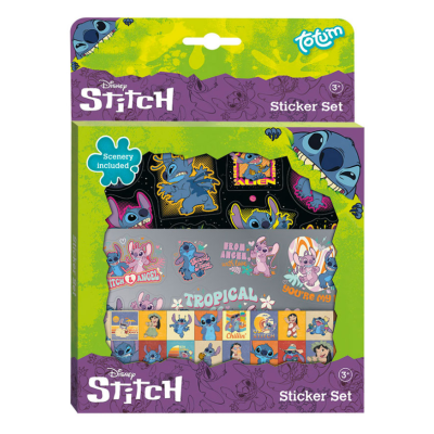 Conjunto de autocolantes Disney Stitch coloridos em embalagem verde e roxa