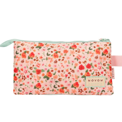 Estojo escolar retangular com padrão floral cor-de-rosa e fecho verde